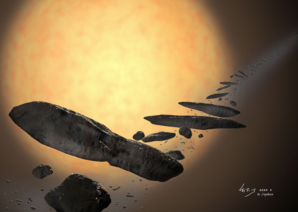 Ilustração da evolução do objeto interestelar 'Oumuamua (Imagem: YU Jingchuan)