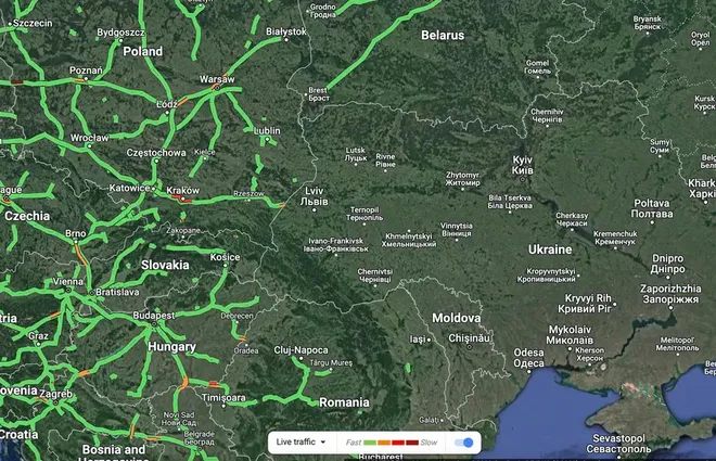 O Google Maps mostra o tráfego em vários vizinhos, mas excluiu a exibição de dados da Ucrânia (Imagem: Reprodução/Google Maps)