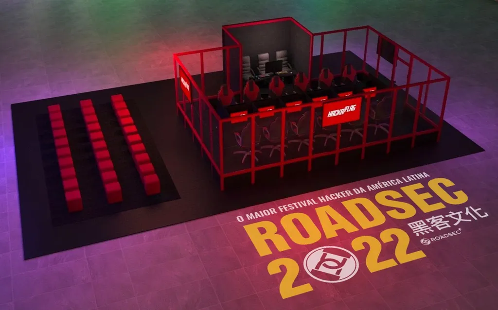 Spoiler da arena Hackaflag no Roadsec, espaço em que os 12 competidores se enfrentarão na final do #HFBR22 (Imagem: Divulgação/Roadsec 2022)