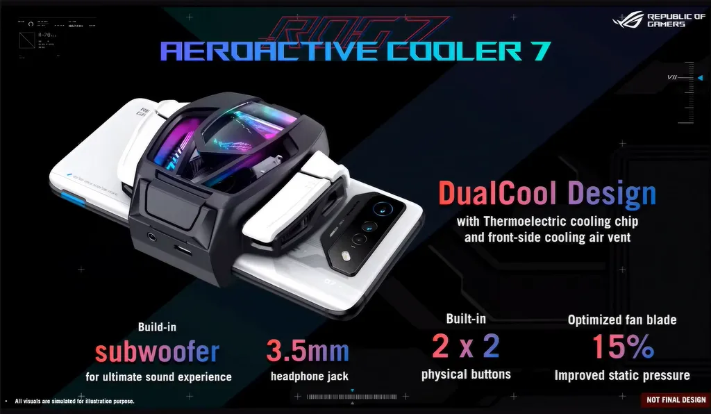 O novo AeroActive Cooler 7 se destaca pela adição de um subwoofer para turbinar a qualidade de som da família ROG Phone 7 (Imagem: Reprodução/ASUS)