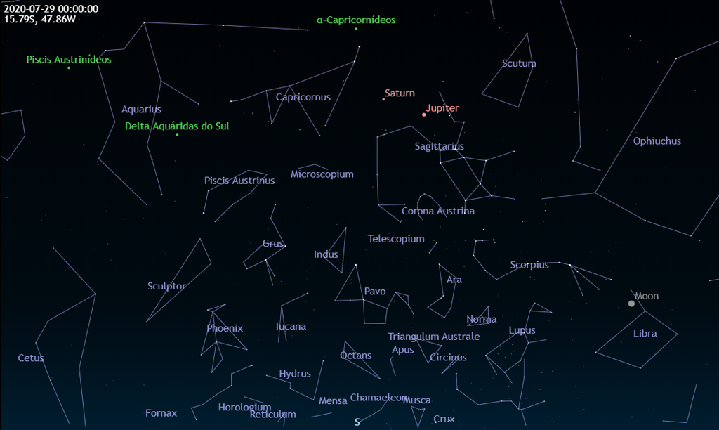 Posição das estrelas e planetas no céu do dia 29, à meia noite, sobre Brasília (Imagem: vercalendario.info)