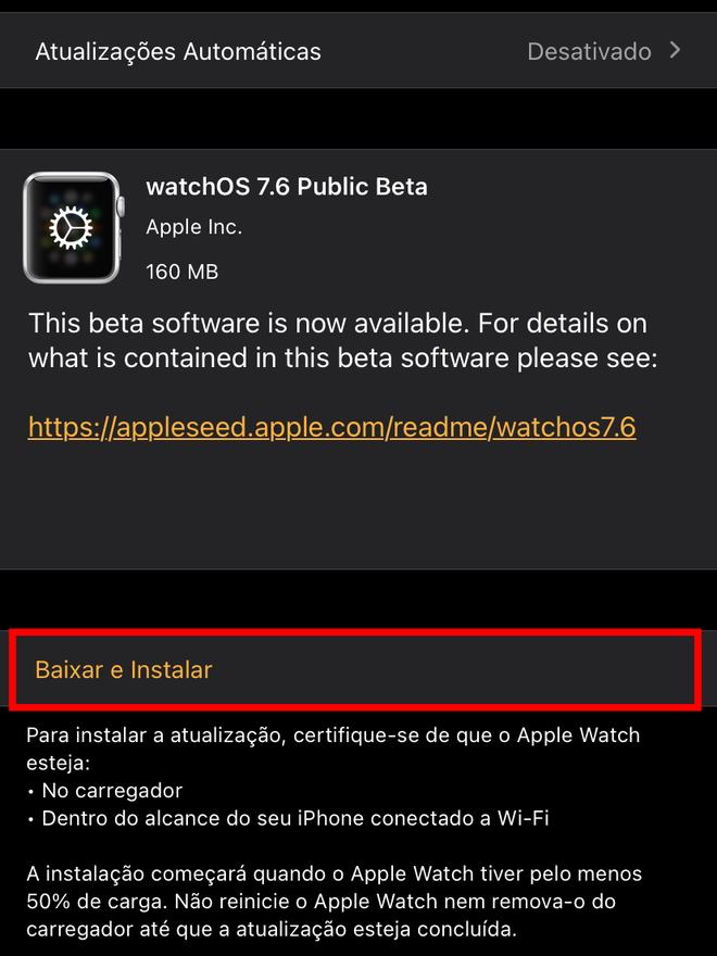 Clique para baixar e atualizar o seu relógio com a versão Beta do watchOS. Captura de tela: Lucas Wetten (Canaltech)