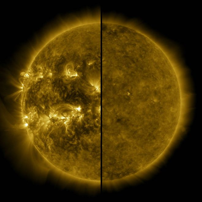 No lado direito, o Sol no final de 2019 em sua atividade mínima. Em contraste, o lado esquerdo mostra no máximo solar, conforme detectado em abril de 2014, durante a metade do Ciclo Solar 24 (Imagem: Reprodução/NASA/SDO)