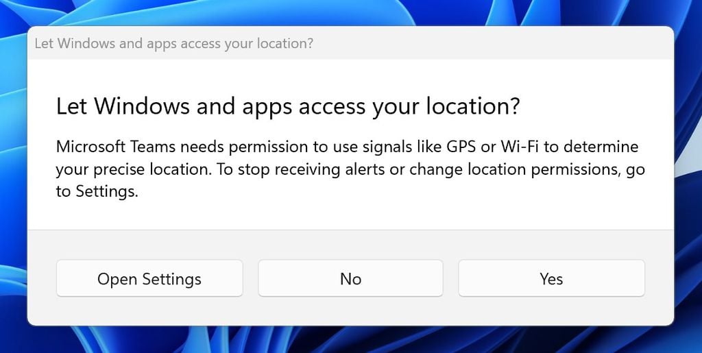 Nova notificação do Windows informa quando um app quer acessar a localização e o Wi-Fi (Imagem: Reprodução/Microsoft)