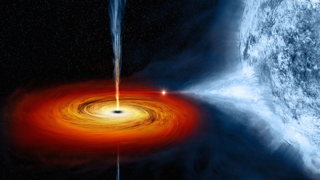 Conceito artístico de um sistema binário formado por uma estrela e um buraco negro, que suga matéria de sua companheira e ganha um disco de acreção e um jato (Imagem: Reprodução/NASA)