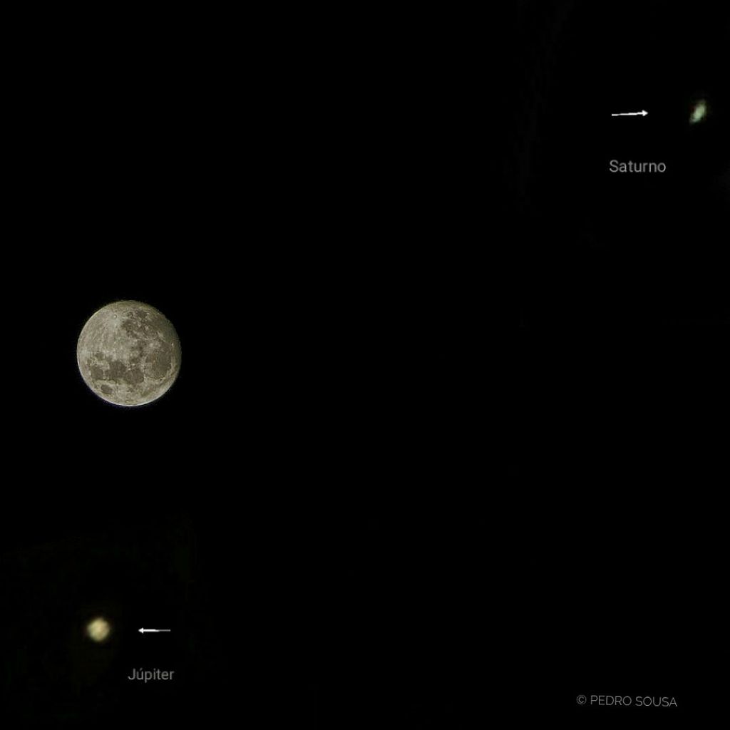 Júpiter abaixo da Lua, Saturno à direita (Foto: Reprodução/Pedro Sousa)
