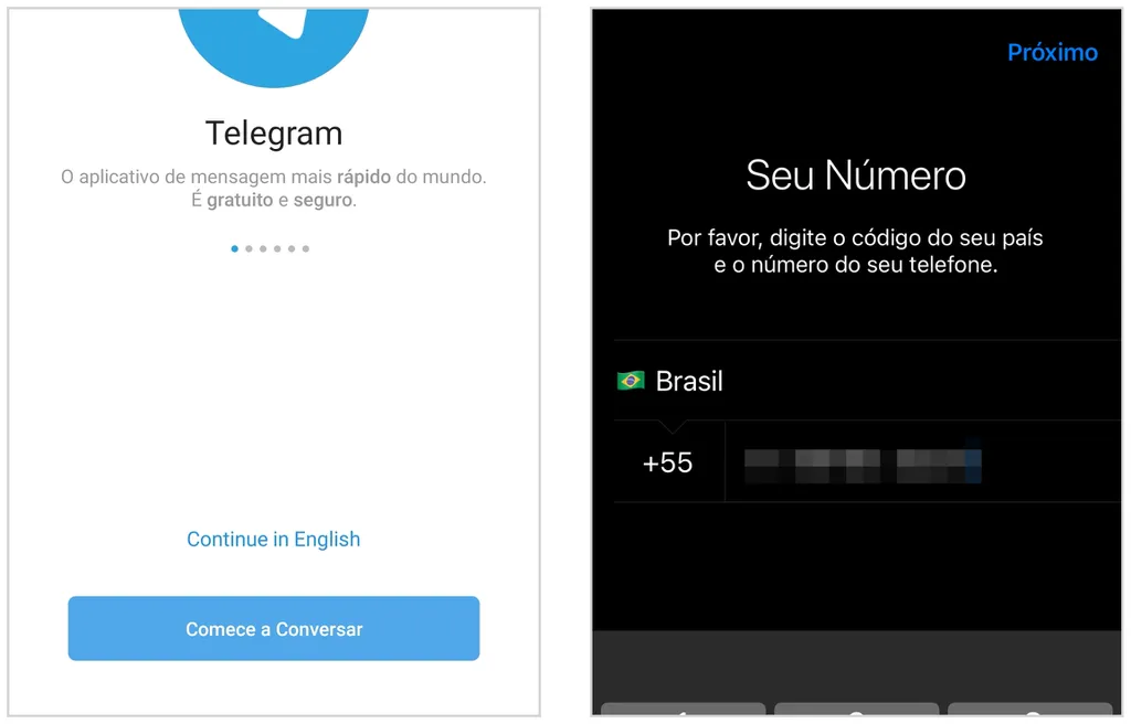 Tela mostra como criar uma conta no Telegram no Android (à esquerda) e iPhone (direita) (Captura de tela: Caio Carvalho)