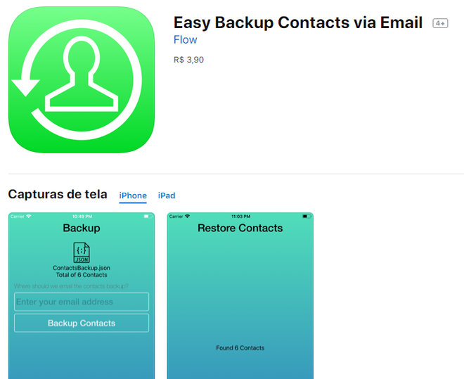 Aplicativo para salvar contatos Easy Backup Contacts (Captura de tela: Ariane Velasco)