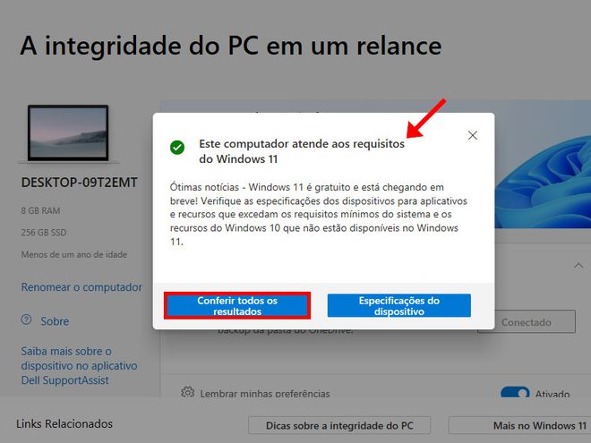 Uma pop-up será exibida notificando se seu PC poderá executar o Windows 11 ou não (Captura de tela: Matheus Bigogno)