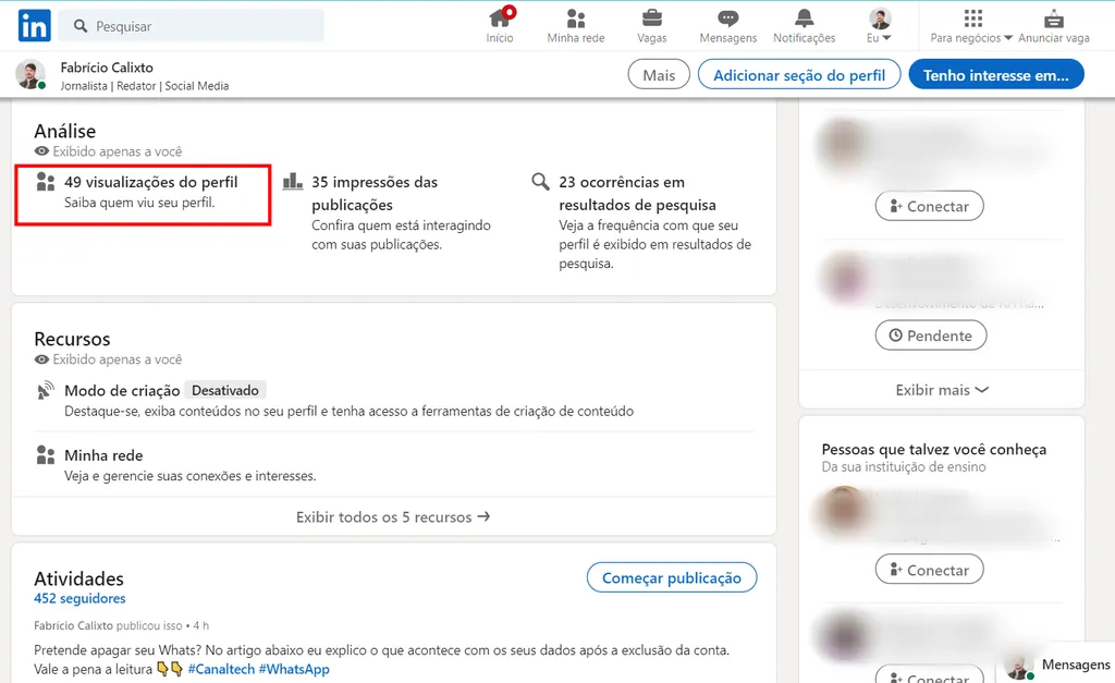 É necessário deslizar a tela para baixo até encontrar a seção “Análise” para ter acesso a quem viu seu perfil no LinkedIn (Imagem: Captura de tela/Fabrício Calixto/Canaltech)