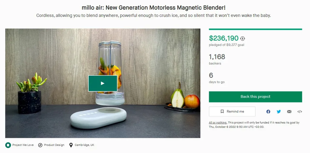 Projetos no Kickstarter podem ser conceitos simples, ou ideias mirabolantes como esse liquidificador magnético (Captura: Igor Almenara/Canaltech)