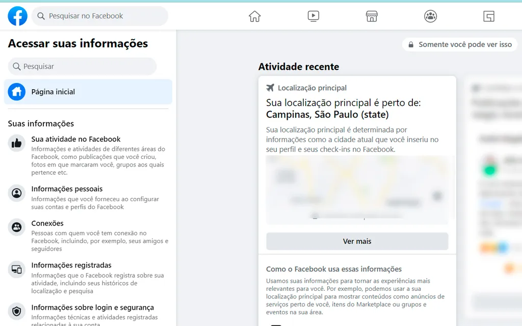 Facebook determina sua localização principal com base no endereço IP e localização do celular (Captura de tela: André Magalhães)