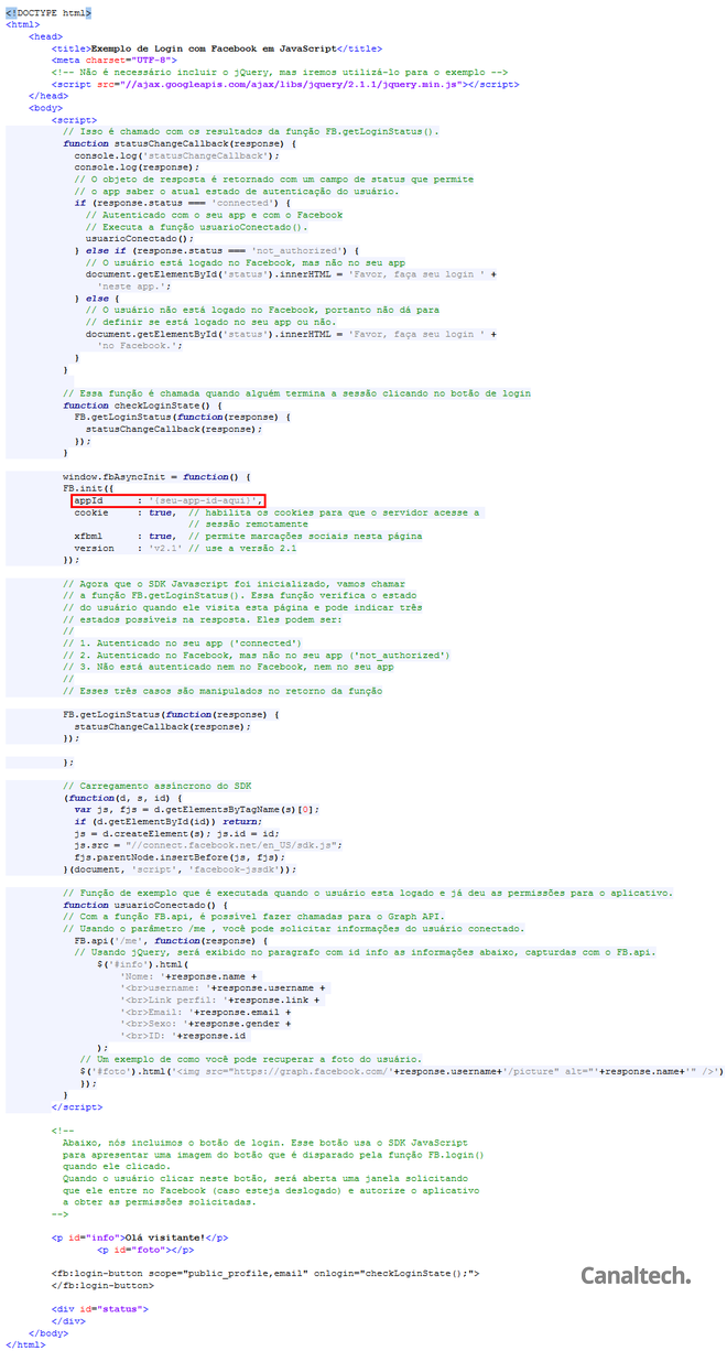 Exemplo de código para implementação usando SDK JavaScript