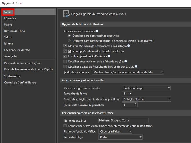 Na janela aberta em seguida, acesse a aba "Geral" (Captura de tela: Matheus Bigogno)