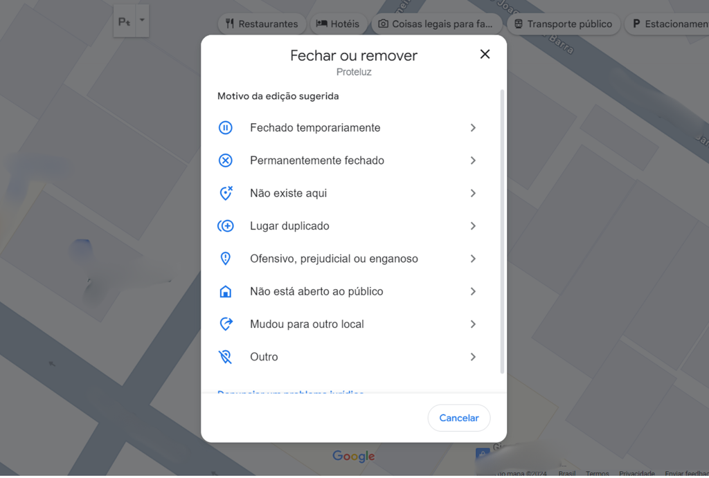 Preencha as informações para pedir para remover uma empresa do Maps (Imagem: Captura de tela/André Magalhães/Canaltech)