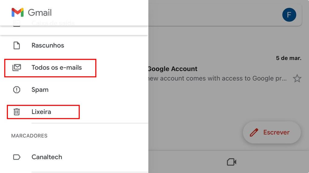 A lixeira e os itens arquivos dos Gmail no celular ficam dispostos no painel direito da tela inicial (Imagem: Captura de tela/Fabrício Calixto/Canaltech)