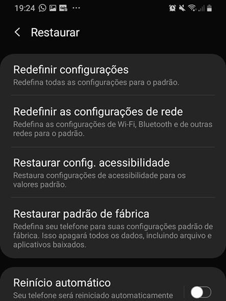 Caso nenhuma das alternativas acima resolva o problema, restaure seu Android para as configurações de fábrica (Captura de tela: Ariane Velasco)