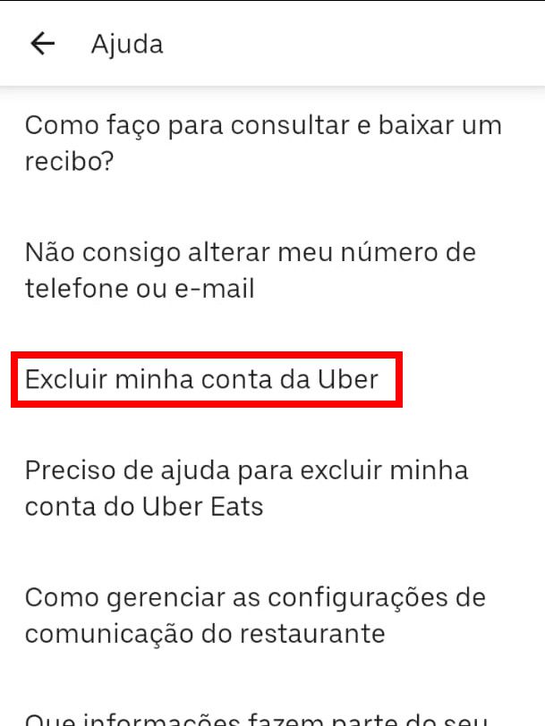 Dentre as opções disponíveis, escolha "Excluir minha conta da Uber" (Captura de tela: Matheus Bigogno)