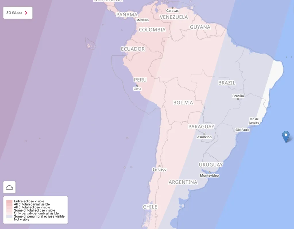 O mapa destaca em cores diferentes a visibilidade do eclipse em cada região. Na maior parte do Brasil, será observado um eclipse penumbral bem discreto  (Imagem: timeanddate.com)