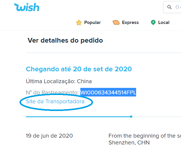 Página de detalhes do pedido com informações sobre o processamento — www.Wish.com (Reprodução/ Felipe Freitas)