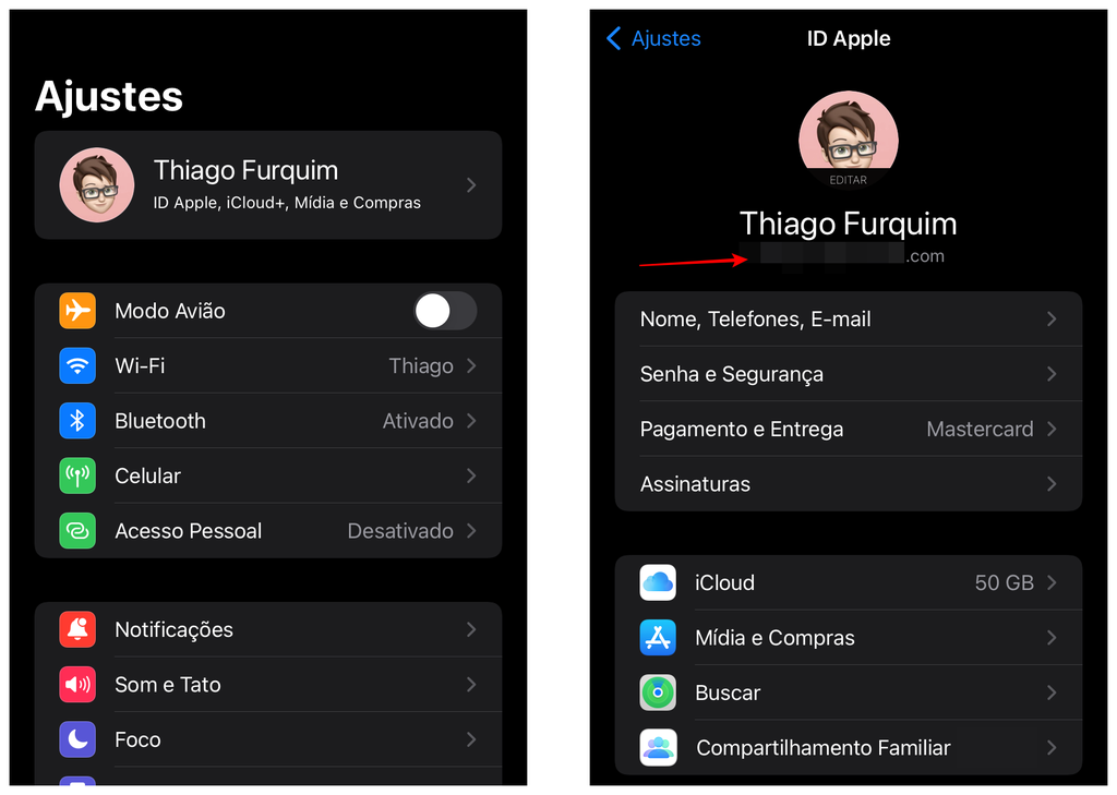 O seu ID Apple pode ser achado nos ajustes do iCloud do iPhone, iPad ou iPod Touch (Captura de tela: Thiago Furquim)