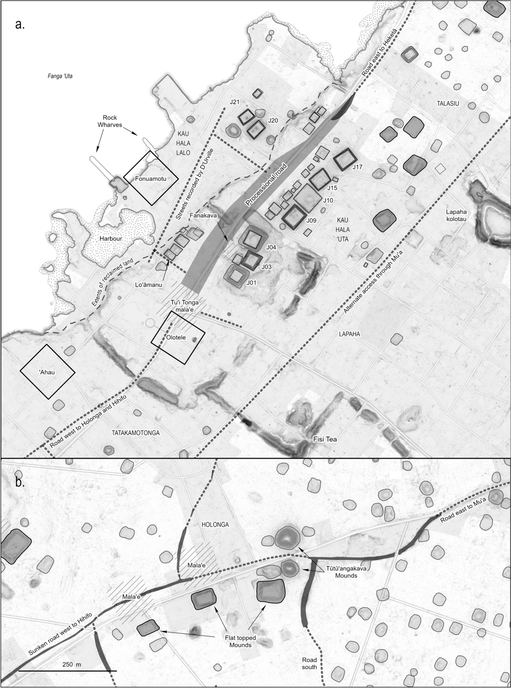As estruturas reveladas pelo LiDAR incluem estradas, montes de terra e salões comunais em Tongatapu (Imagem: Parton, Clark/Journal of Archaeological Method and Theory)