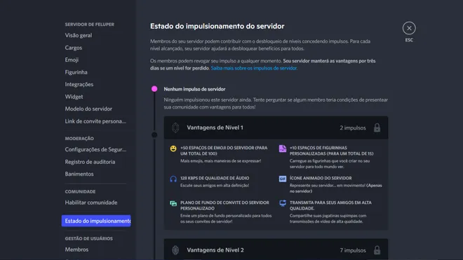 Você pode impulsionar seu servidor para desbloquear mais funções (Captura de tela: Canaltech/Felipe Freitas)