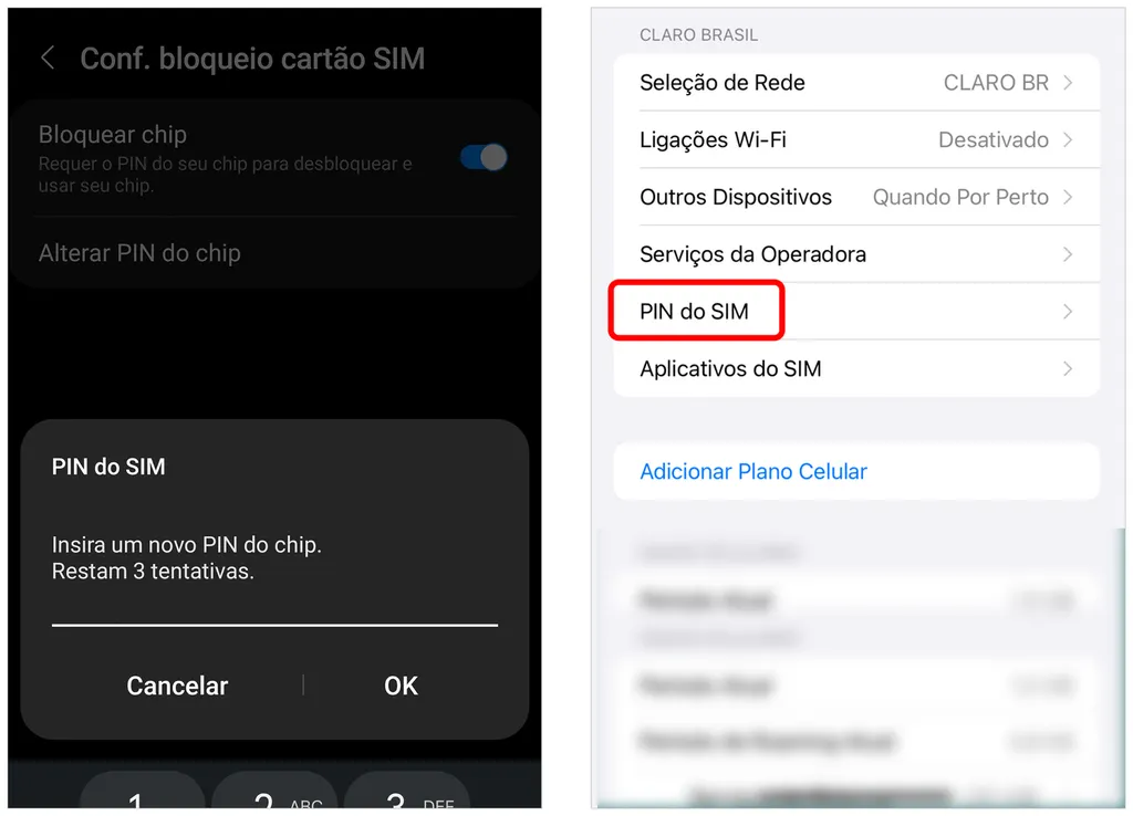 Android e iOS oferecem caminhos para bloquear o cartão SIM com o PIN (Captura de tela: André Magalhães)