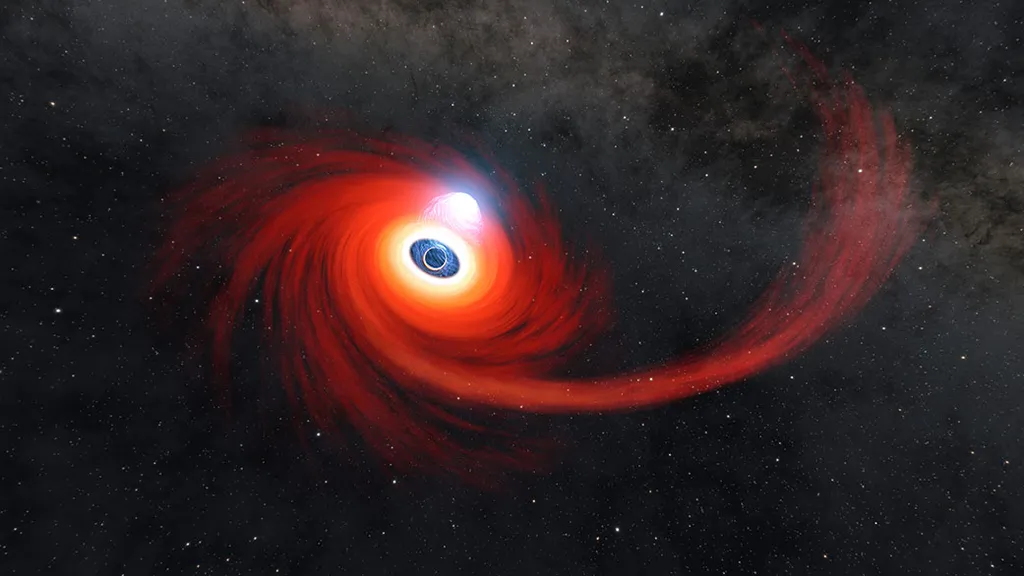Um disco de gás quente gira em torno de um buraco negro nesta ilustração; a nuvem de gás acima do objeto é conhecida como corona (Imagem: Reprodução/NASA/JPL-Caltech)