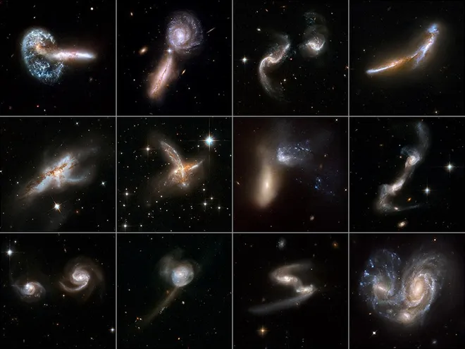 As colisões entre galáxias criam diferentes formas, nascidas das forças de maré gravitacionais (Imagem: Reprodução/ C.Conselice et al)