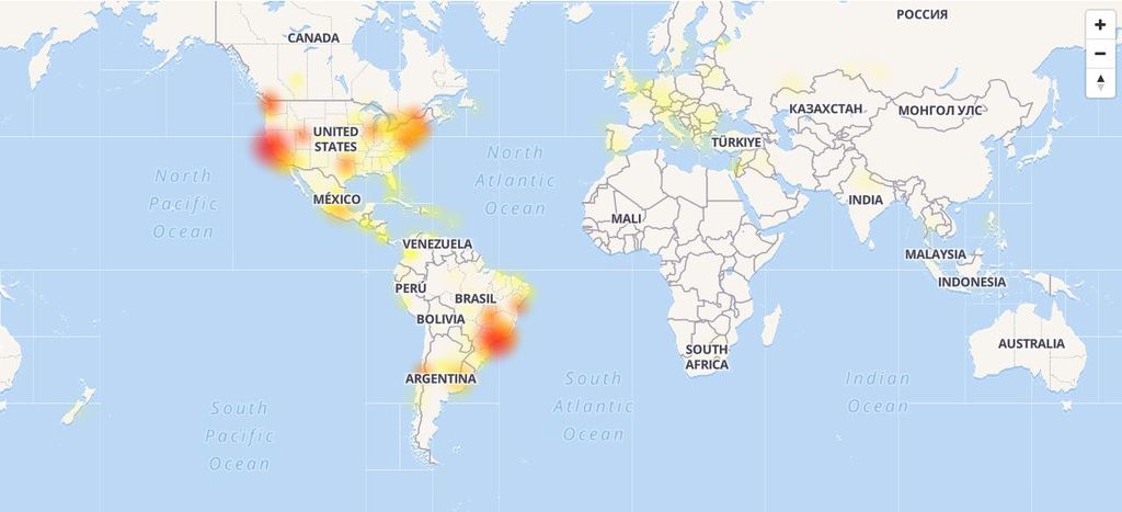 Mapa mostra que queda no serviço de mensagens Telegram está atingindo diversas partes da América (Imagem: Downdetector)