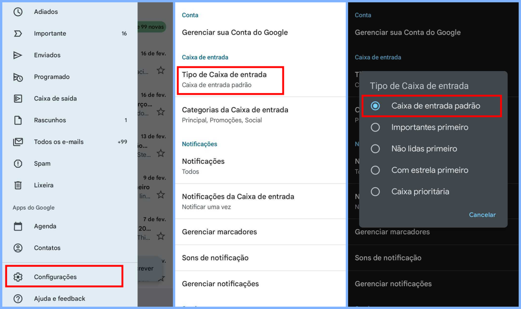 É possível configurar sua caixa de entrada do Gmail no Android sem sair do app (Imagem: Captura de tela/Fabrício Calixto/Canaltech)