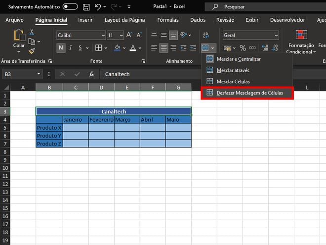 Como separar as células mescladas no Excel (Imagem: Captura de tela/Matheus Bigogno/Canaltech)