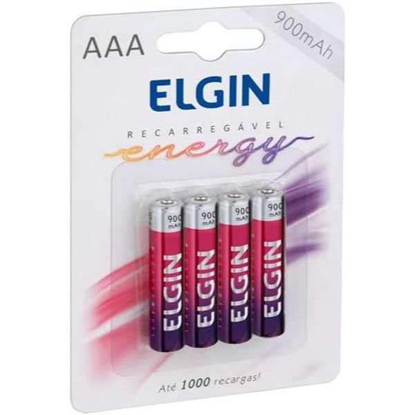 Pilha Recarregável Ni-MH AAA-900mAh blister com 4 pilhas, Elgin, Baterias, 82169