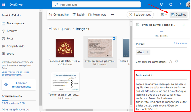 Embora seja conhecido por armazenar arquivos, também é possível copiar textos de imagens no OneDrive (Imagem: Captura de tela/Fabrício Calixto/Canaltech)
