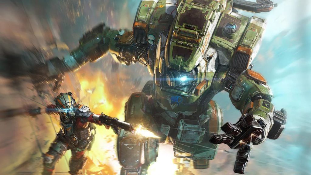 Jogos esquecidos da EA: Medal of Honor, Sim City e mais franquias que sumiram 3 Imagem promocional de Titanfall 2 mostrando um piloto enfrentando um robô gigante Titan em meio a um cenário de batalha
