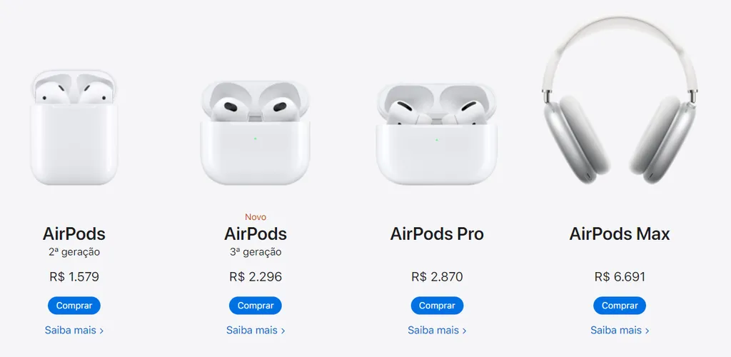 Apple também diminui valores de acessórios, com AirPods ficando até 208 reais mais barato (Imagem: Reprodução/Apple)