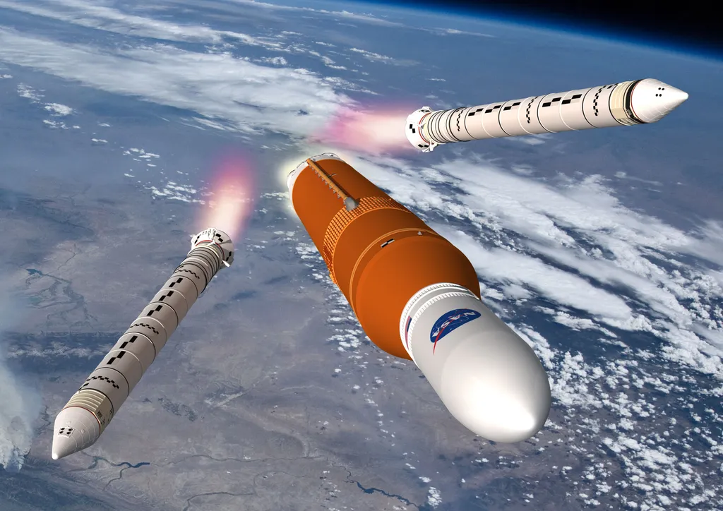 Conceito artístico do foguete SLS e a nave Orion durante lançamento (Imagem: Reprodução/NASA)
