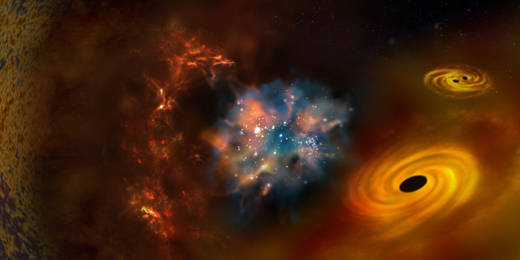 Concepção artística do universo primordial, incluindo buracos negros primordiais, segundo hipóteses (Imagem: Reprodução/ESA/Science Office)