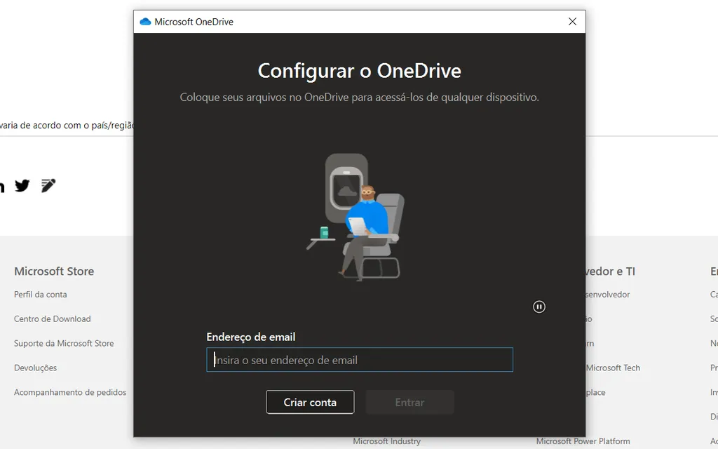 Use sua conta da Microsoft para acessar o OneDrive (Captura de tela: André Magalhães)
