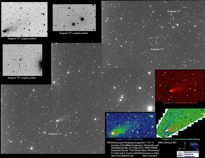 Imagem do cometa em 2006 revela alguns dos seus principais fragmentos (Imagem: Reprodução/E. Guido/G. Sostero/Observatório Remanzacco)