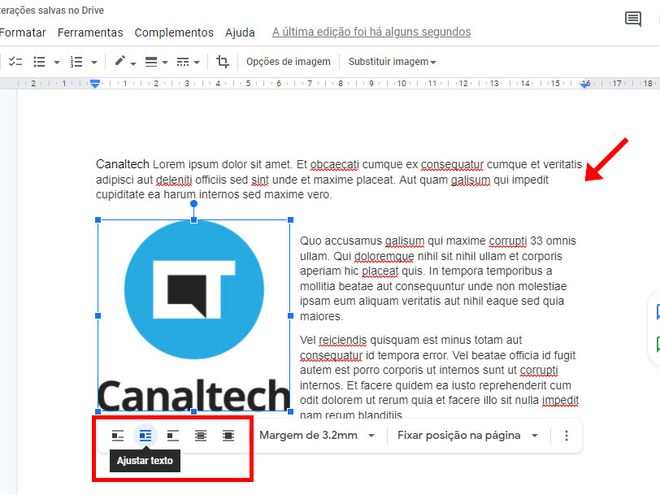 Utilize outras opções de formatação para fixar a posição de imagens no Google Docs (Captura de tela: Matheus Bigogno)