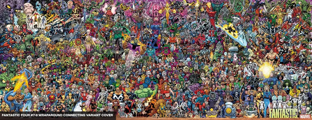 O artista Scott Koblish conseguiu colocar 700 personagens que já passaram pela revista do Quarteto Fantástico na capa de Fantastic Four #700
