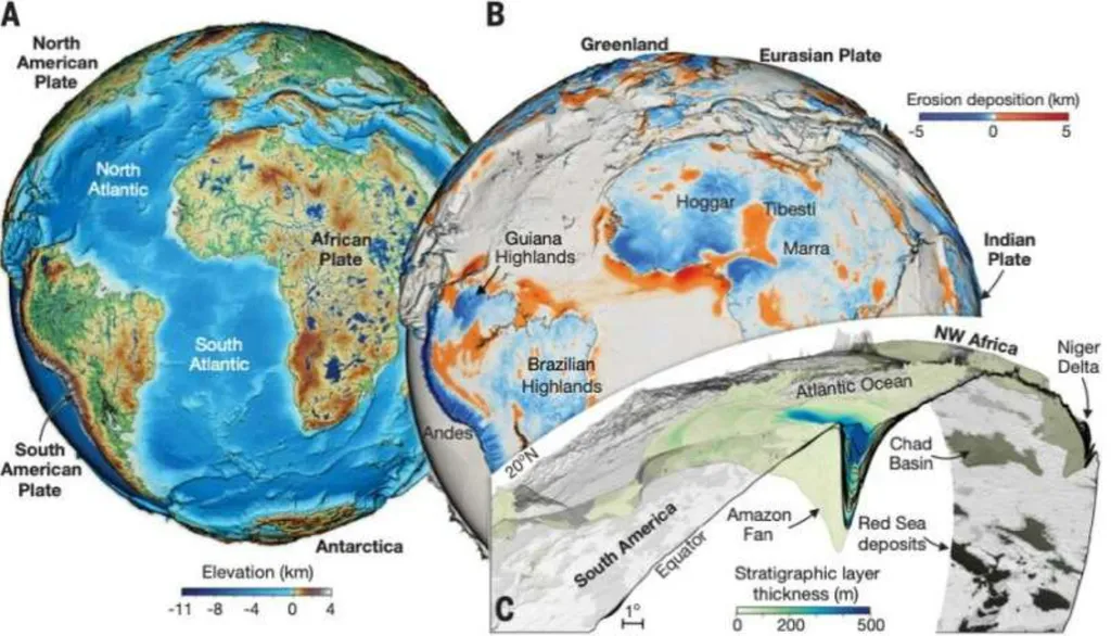 O modelo geológico mostra em mapas detalhes dos últimos 100 milhões de anos de toda a superfície terrestre (Imagem: Reprodução/University of Sydney)