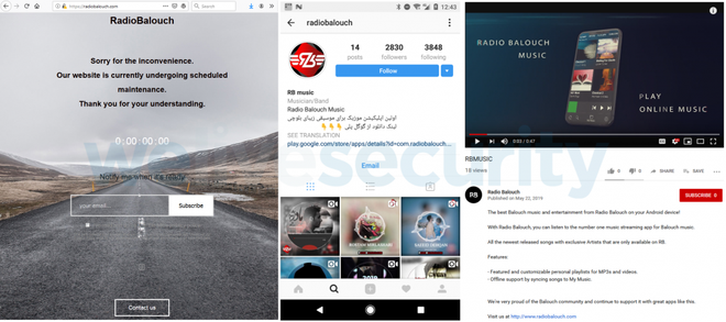 Site do app (esquerda), Instagram (centro) e vídeo promocional do YouTube (Foto: Captura de tela / via ESET)