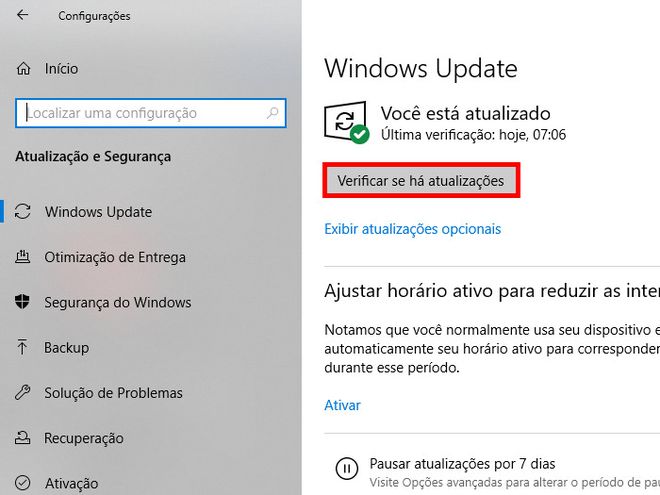 Na seção "Windows Update", clique em "Verificar se há atualizações" (Captura de tela: Matheus Bigogno)