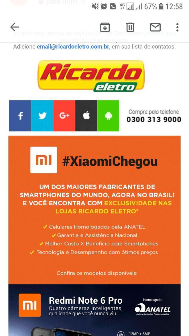 Propaganda de uma loja de Brasília da rede Ricardo Eletro anunciando a venda de aparelhos Xiaomi (Captura: Tudo Celular)