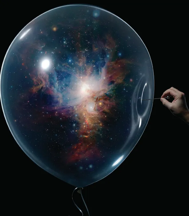 Nessa ilustração, a ideia da inflação cósmica, representada pelo balão (metáfora usada para representar a imagem de algo expandindo), é "estourada" com uma simples agulha (Imagem: Reprodução/Physics Letters B)