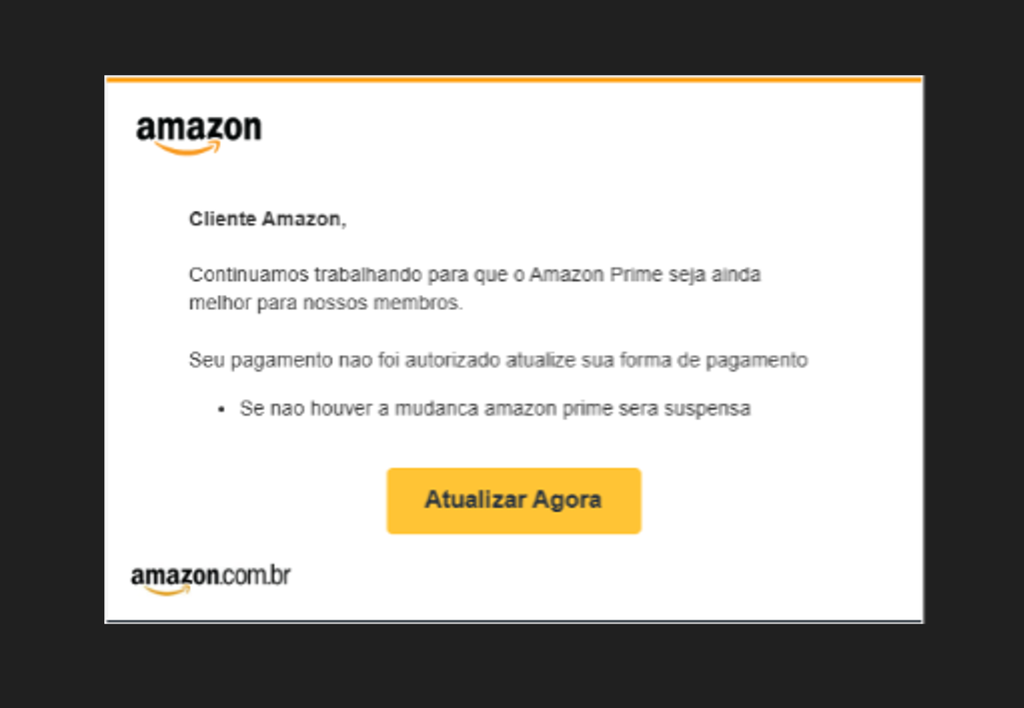 Captura de tela do e-mail falso da Amazon, onde o clique no botão leva a um site malicioso que rouba as credenciais (Imagem: Check Point Software)