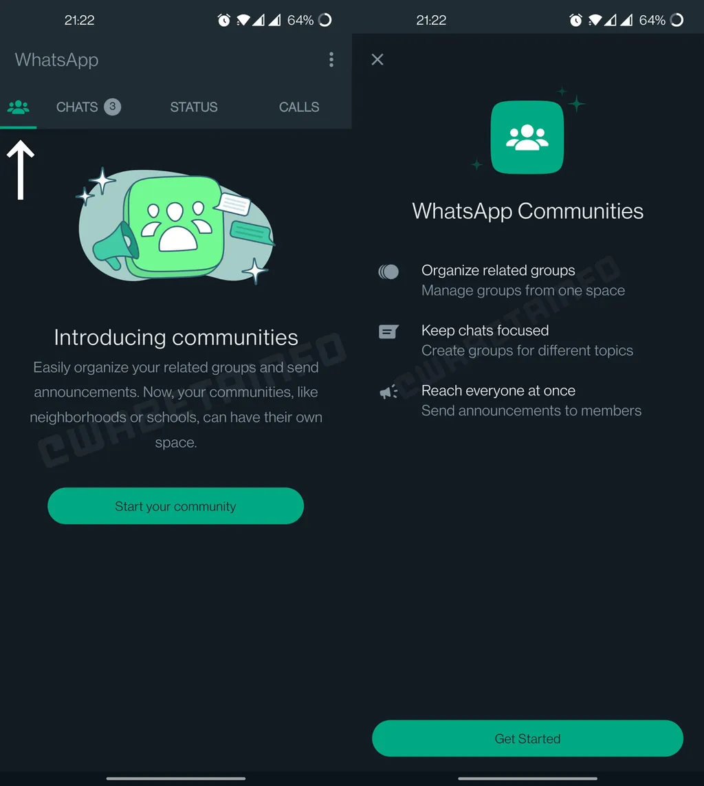 As Comunidades começaram a chegar para alguns testadores do WhatsApp beta para Android (Imagem: Reprodução/WABetaInfo)